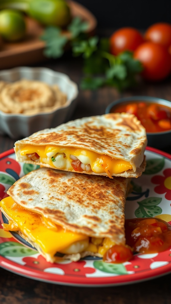 A delicious breakfast quesadilla filled with melted cheese and colorful vegetables, served on a decorative plate with salsa on the side.