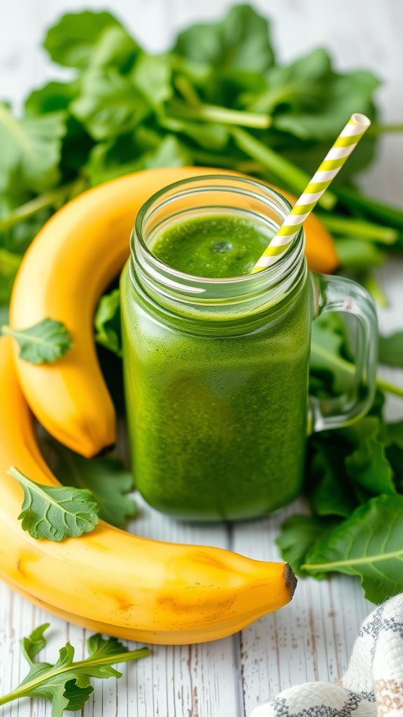 A vibrant green smoothie with spinach and banana, served in a mason jar with a striped straw.