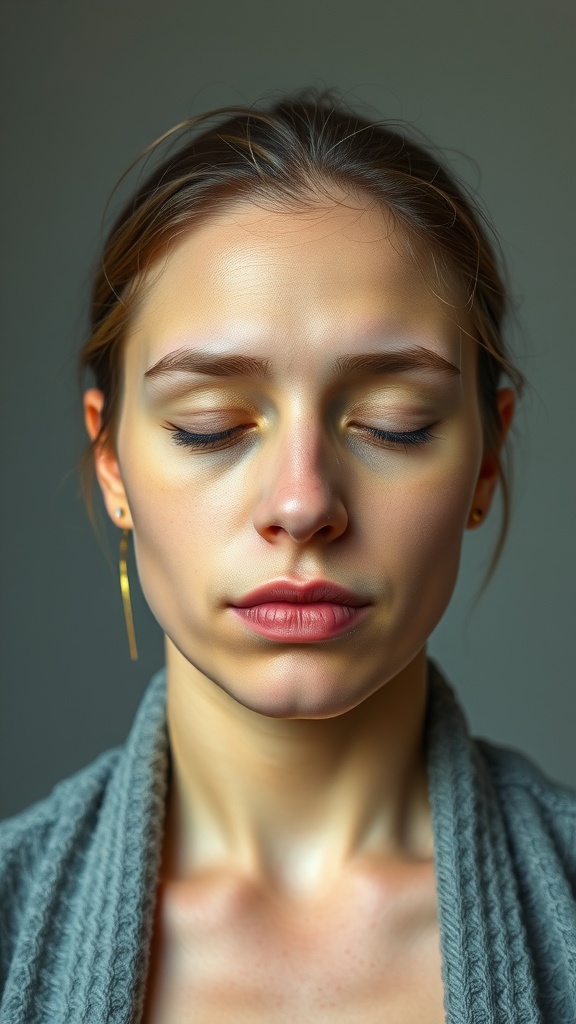 A woman with a calm expression, eyes closed, practicing breath control for facial tension relief.