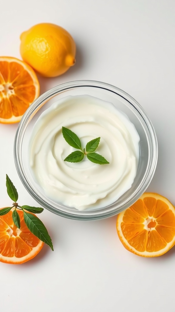 A bowl of yogurt surrounded by sliced oranges and a lemon.