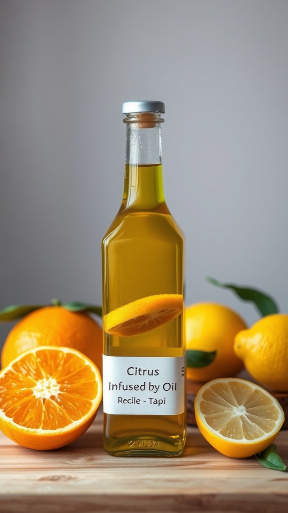 A bottle of citrus infused oil with oranges and lemons around it.