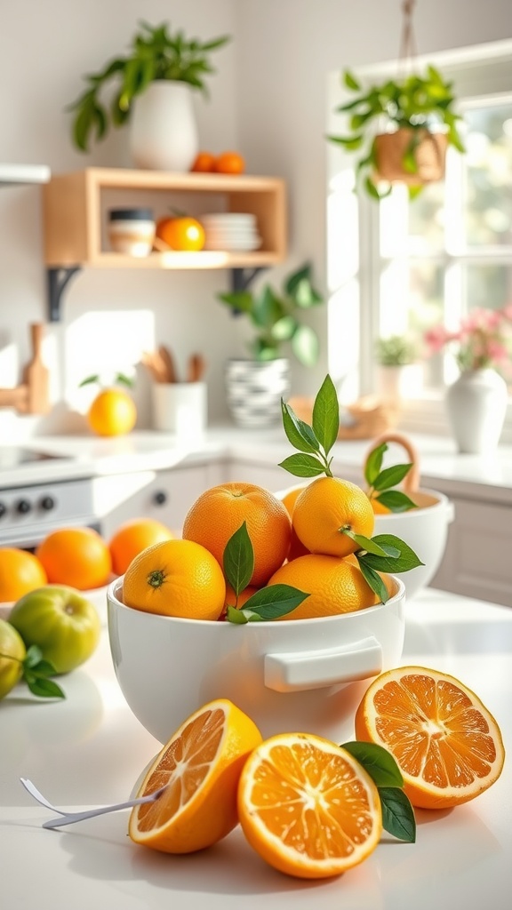 A bowl filled with fresh oranges and sliced oranges on a kitchen counter, surrounded by green plants.