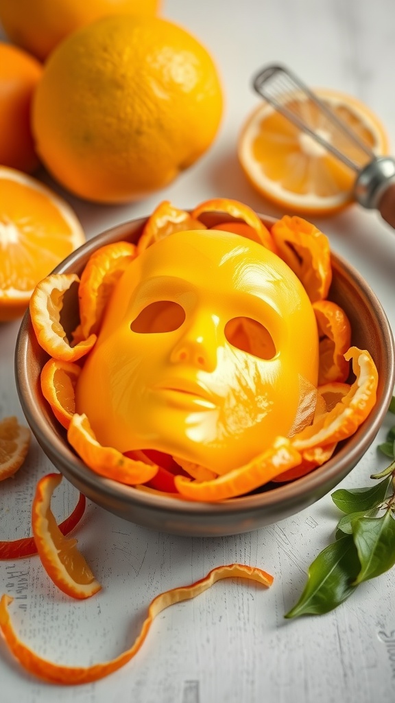 A bowl with a mask surrounded by orange peels and whole oranges, showcasing DIY skincare ingredients.
