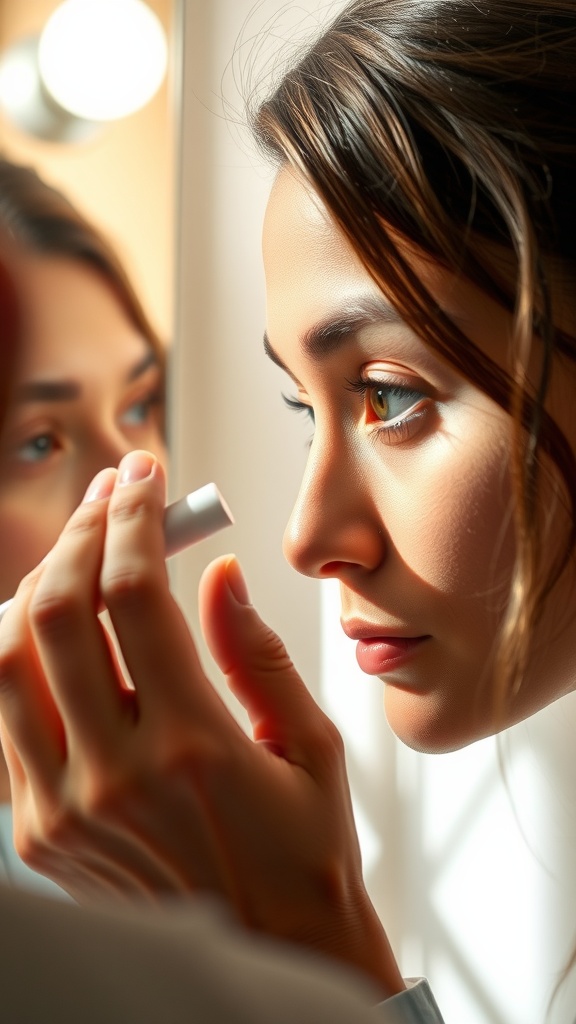 A woman applying brightening eye cream in front of a mirror.