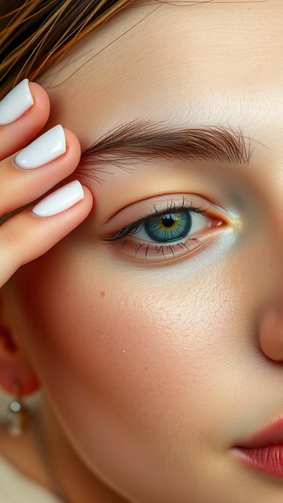 Close-up of a woman's eye with gentle skin care application