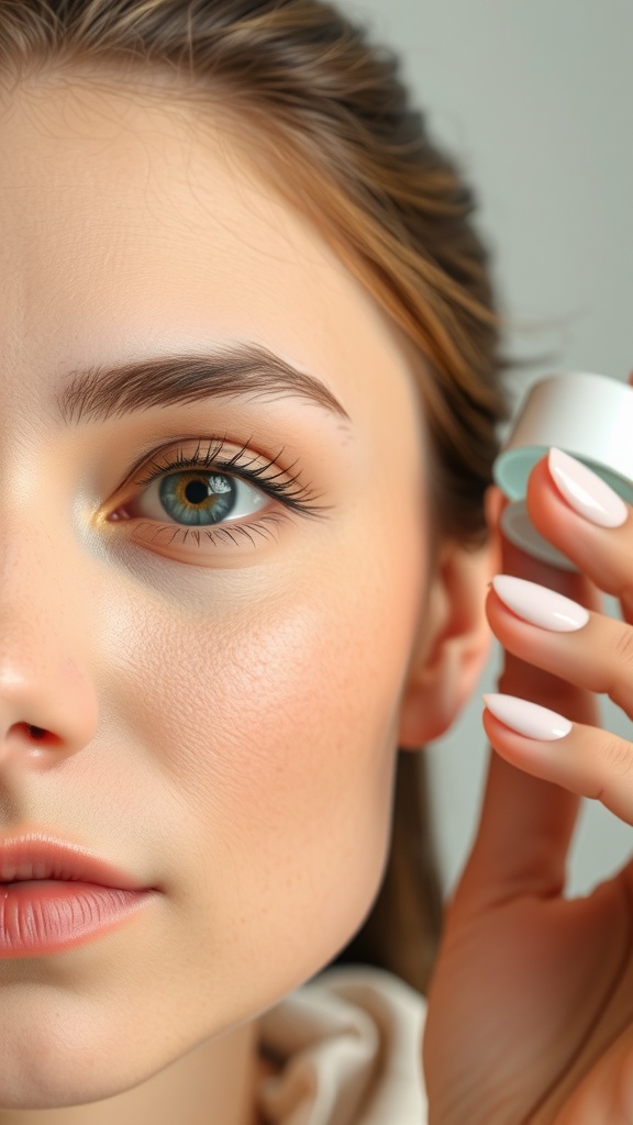 A close-up of a person holding a small container of brightening eye cream, showcasing their radiant skin and bright eyes.