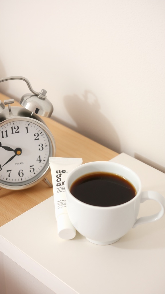 A tube of brightening eye cream next to a cup of coffee and an alarm clock on a bedside table.