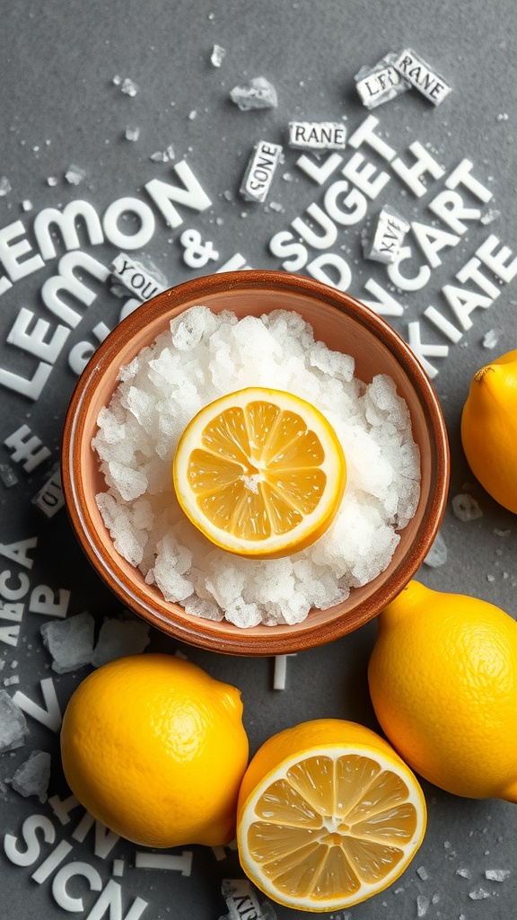 A bowl of lemon and sugar exfoliant with fresh lemons on a gray background