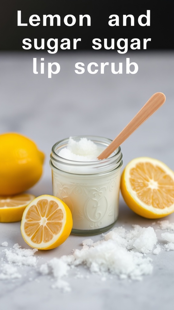 A jar of lemon and sugar lip scrub surrounded by fresh lemons and sugar grains