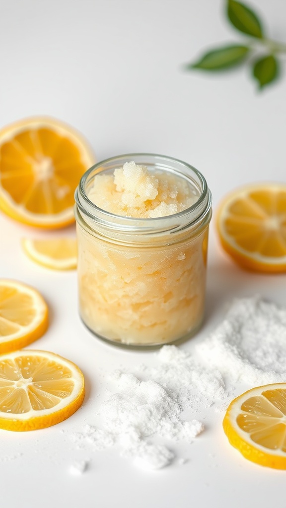 A jar of lemon and sugar scrub surrounded by lemon slices and sugar.