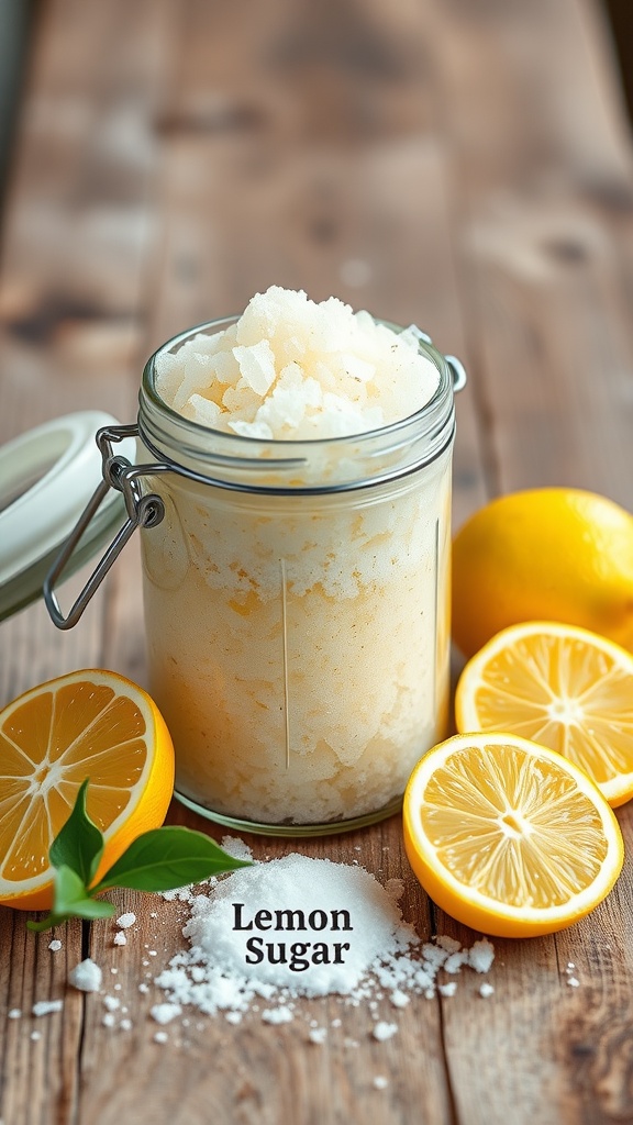 A jar of lemon sugar exfoliant next to fresh lemons on a wooden surface.