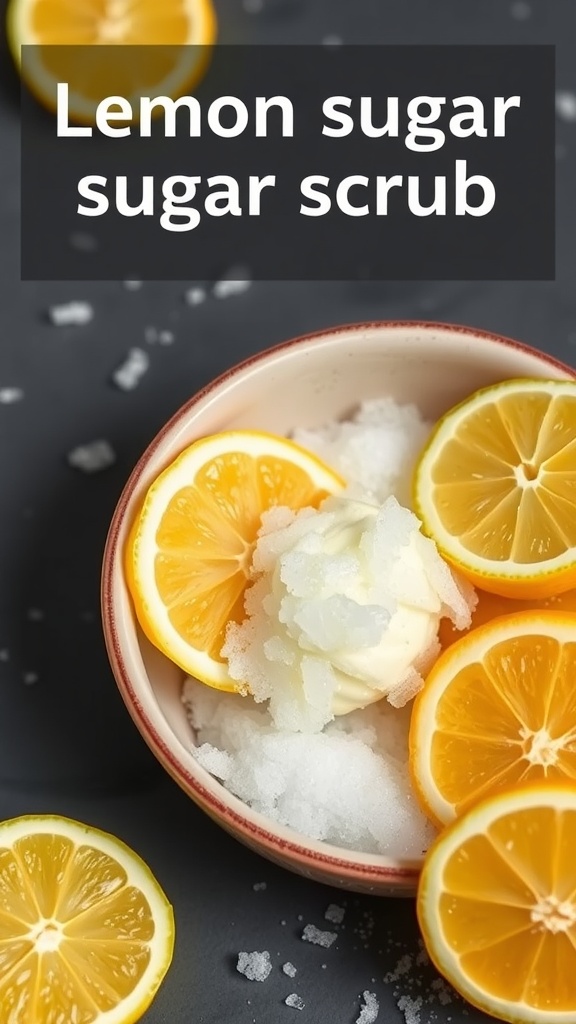Lemon sugar scrub ingredients in a bowl with lemon slices