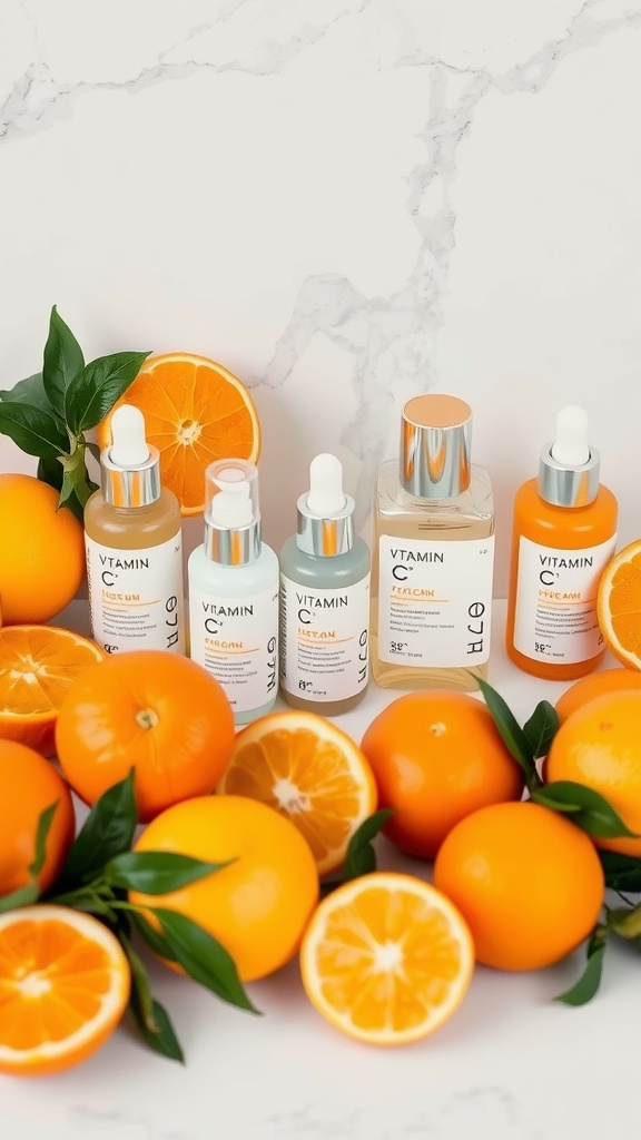Bottles of Vitamin C serums with fresh oranges on a marble background.