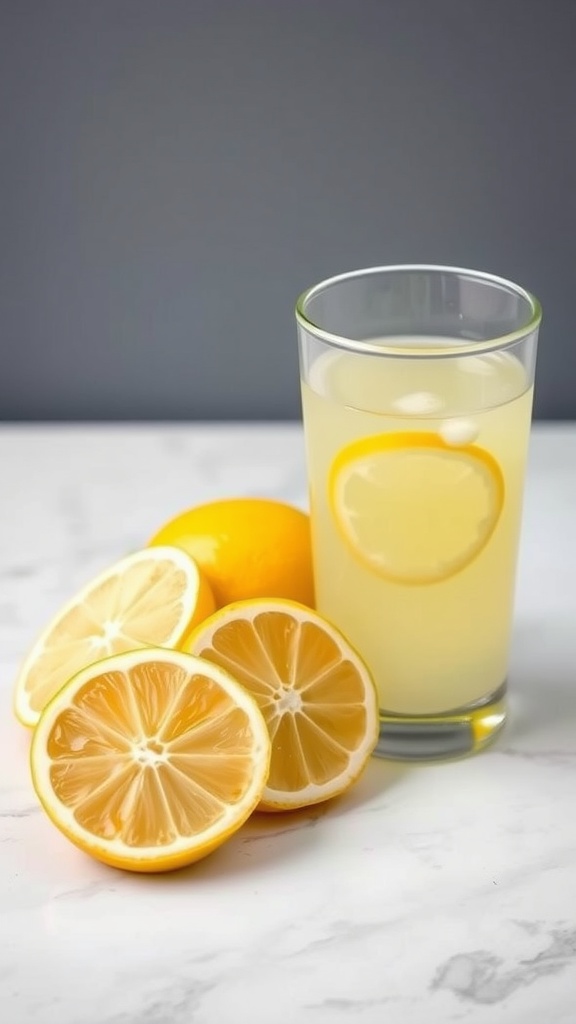 A glass of lemon juice with sliced lemons on a marble surface.