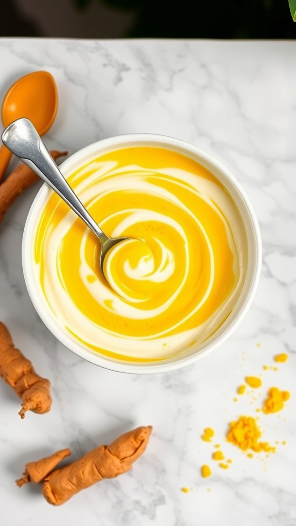 A bowl of bright yellow turmeric and yogurt mask with a spoon, surrounded by turmeric roots and powder on a marble surface.