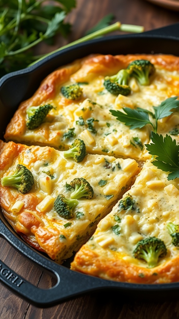 A delicious broccoli and cheese frittata sliced and served in a skillet.