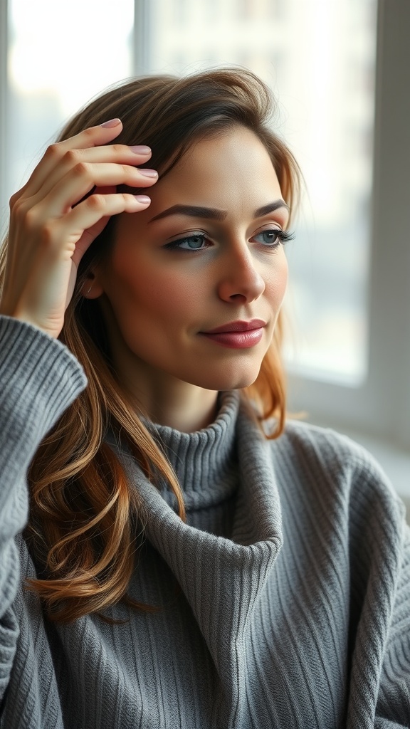 A woman performing the Brow Lifter Movement, gently placing her hand on her forehead with a serene expression.