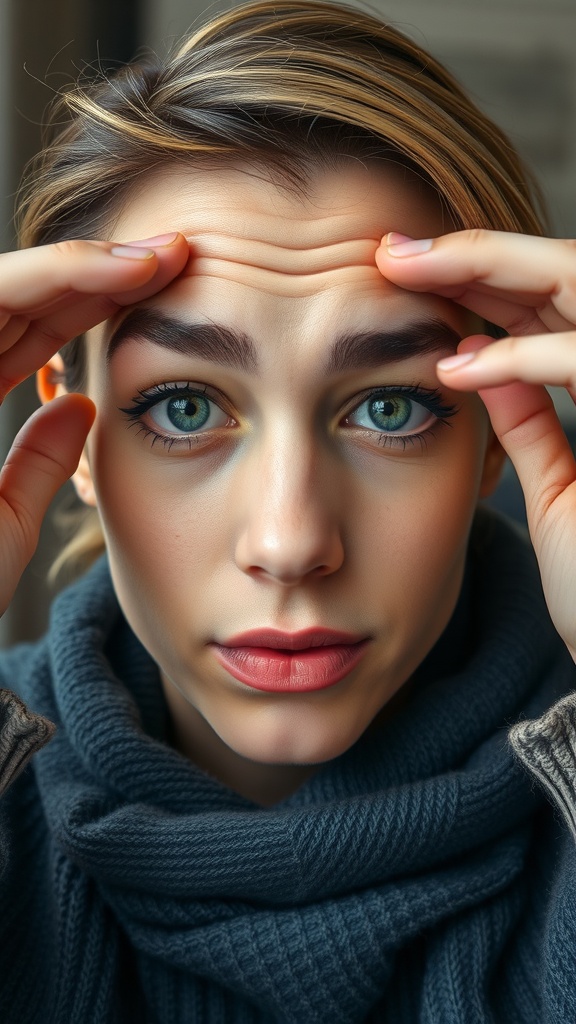 A young woman demonstrating a brow lift exercise for face yoga.