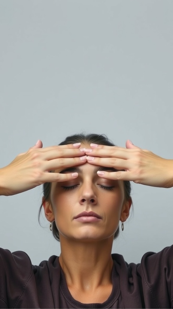 A person practicing brow smoothing movement with hands on forehead
