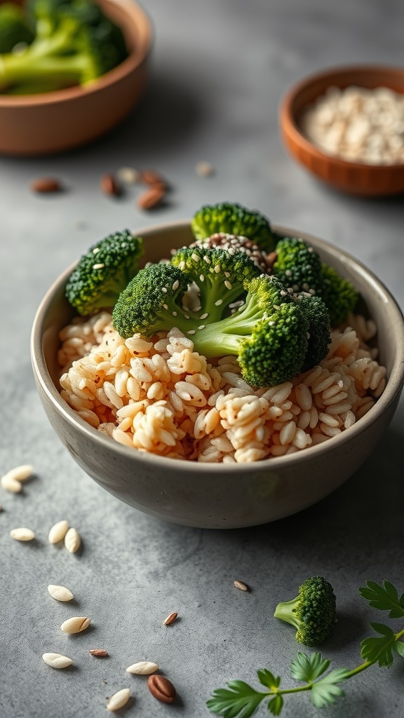 A bowl of brown rice topped with steamed broccoli and sesame seeds.