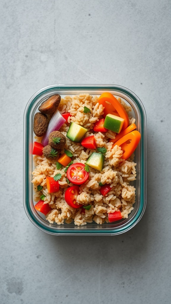 A glass meal prep container filled with brown rice and colorful mixed vegetables.
