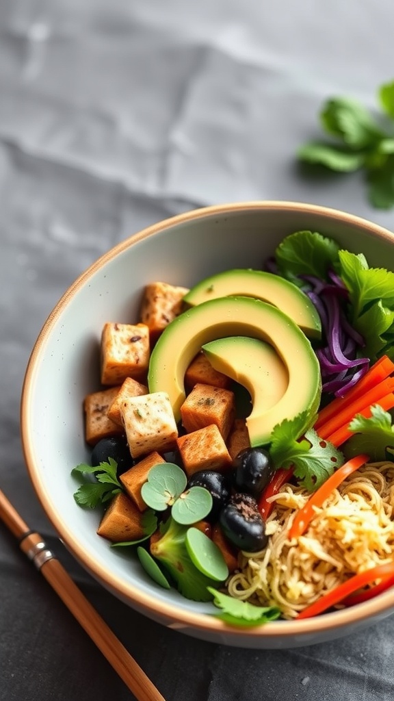 A colorful Buddha bowl featuring tofu, avocado, black beans, and fresh vegetables.