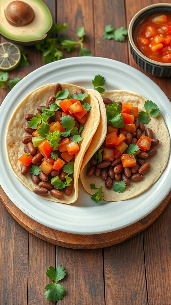 Two tacos filled with beans and topped with diced tomatoes and cilantro on a wooden table.