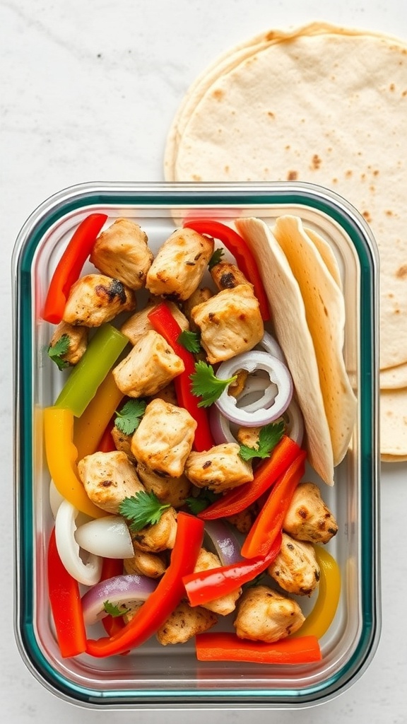 Meal prep container with chicken fajitas, colorful bell peppers, onions, and tortillas