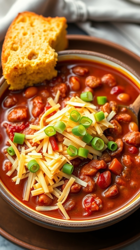 A bowl of chili con carne topped with cheese and green onions, served with cornbread on the side.