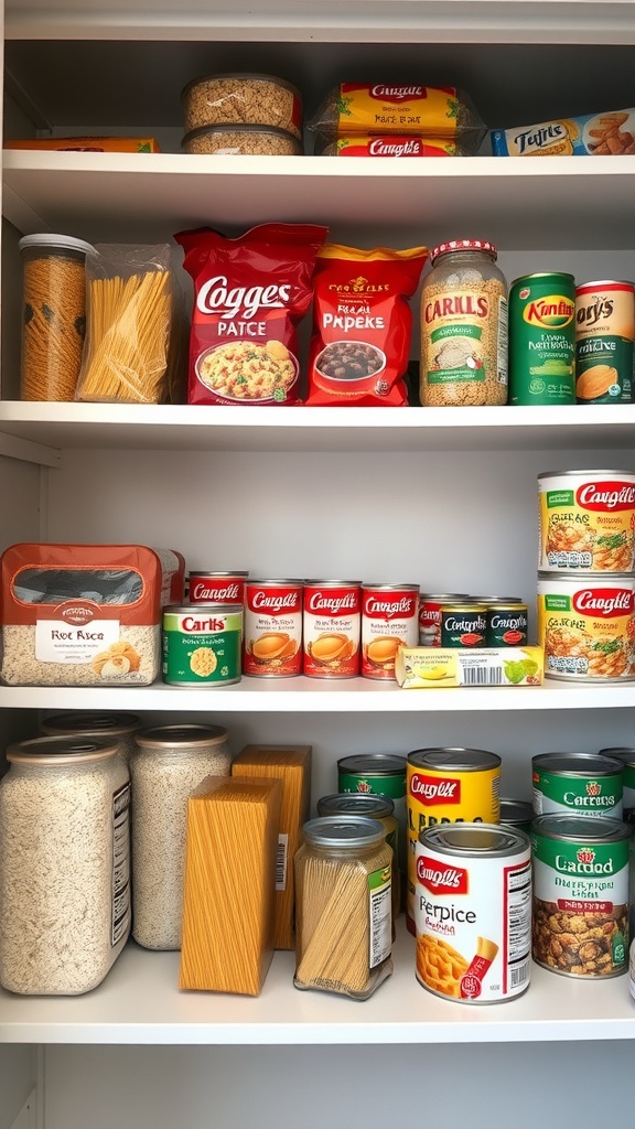 A well-organized pantry filled with pasta, canned goods, and spices.