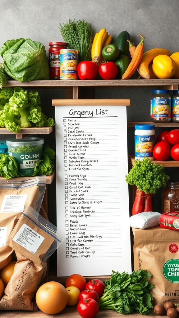 A colorful grocery list with fresh produce and pantry items, emphasizing budget-friendly meal planning.