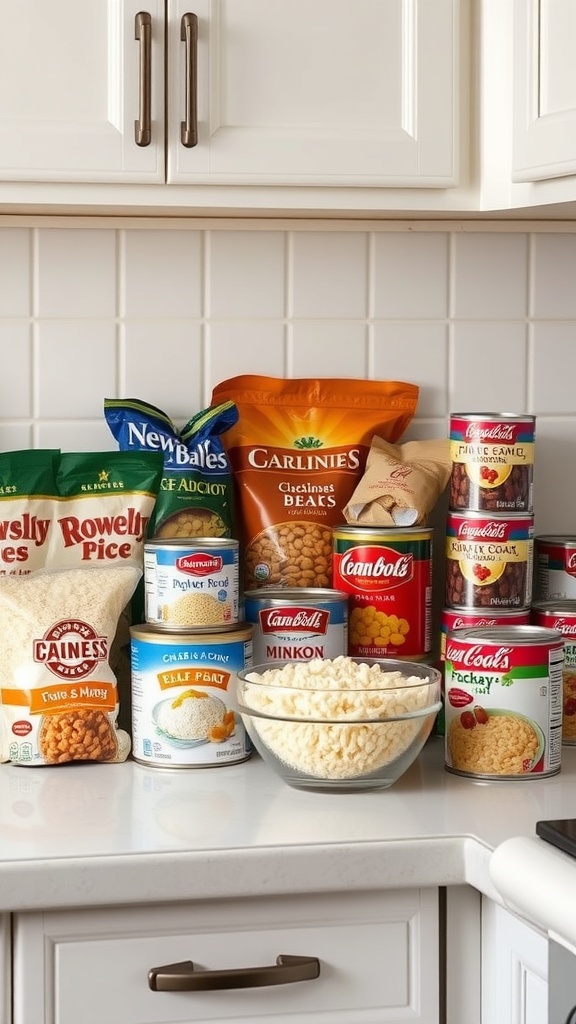 A variety of budget-friendly ingredients including rice, canned goods, and snacks arranged on a kitchen counter.