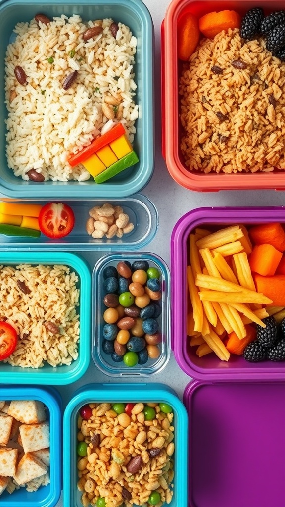 Colorful meal prep containers filled with rice, beans, vegetables, and fruits.