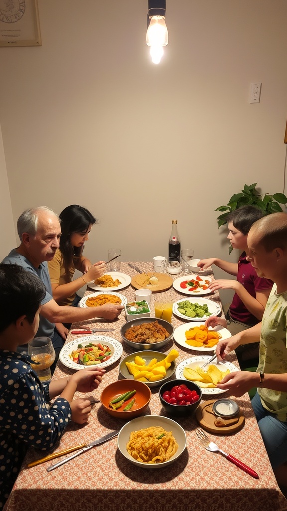 A family gathered around a table enjoying a meal together, showcasing a variety of colorful dishes.