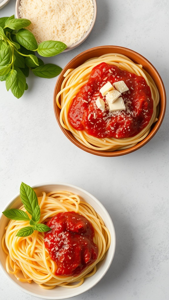 Two bowls of spaghetti with tomato sauce, garnished with basil and cheese.
