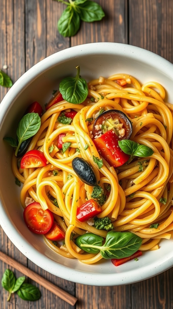 A bowl of pasta primavera with cherry tomatoes, olives, and fresh basil on a wooden table.