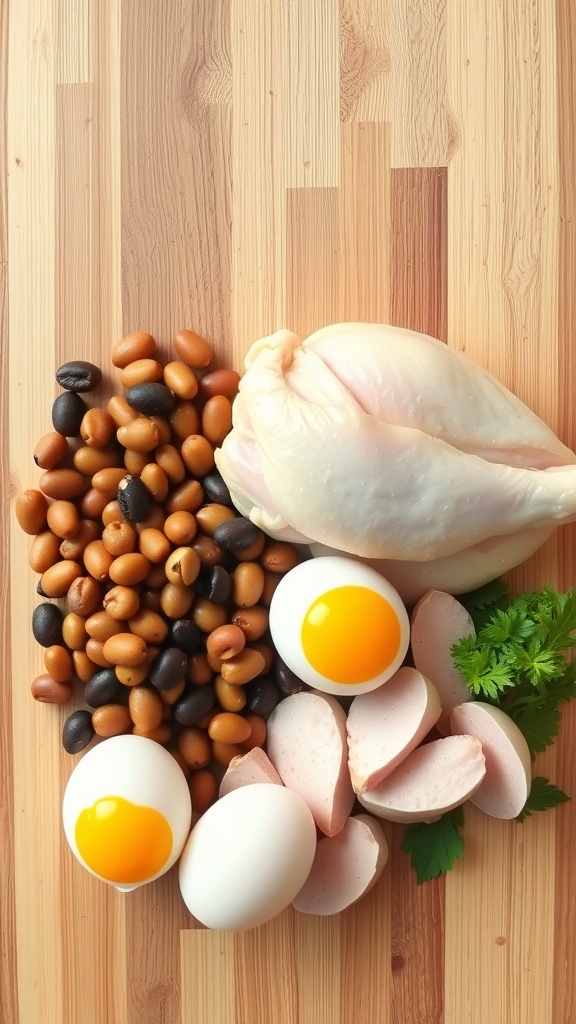 A selection of budget-friendly protein options including chicken breast, eggs, beans, and sliced sausage on a wooden surface.