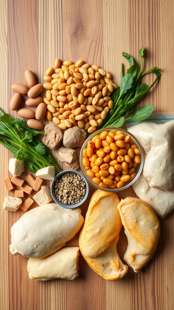 A variety of budget-friendly protein sources including eggs, lentils, chickpeas, tofu, and chicken on a wooden surface.