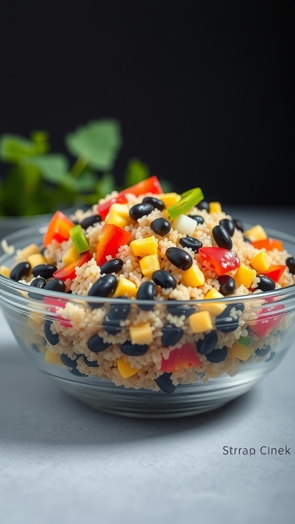 A colorful quinoa salad with black beans, diced vegetables, and a sprinkle of cilantro in a bowl.
