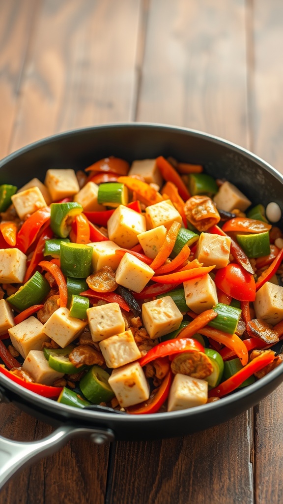 A colorful stir-fry with tofu and various vegetables.