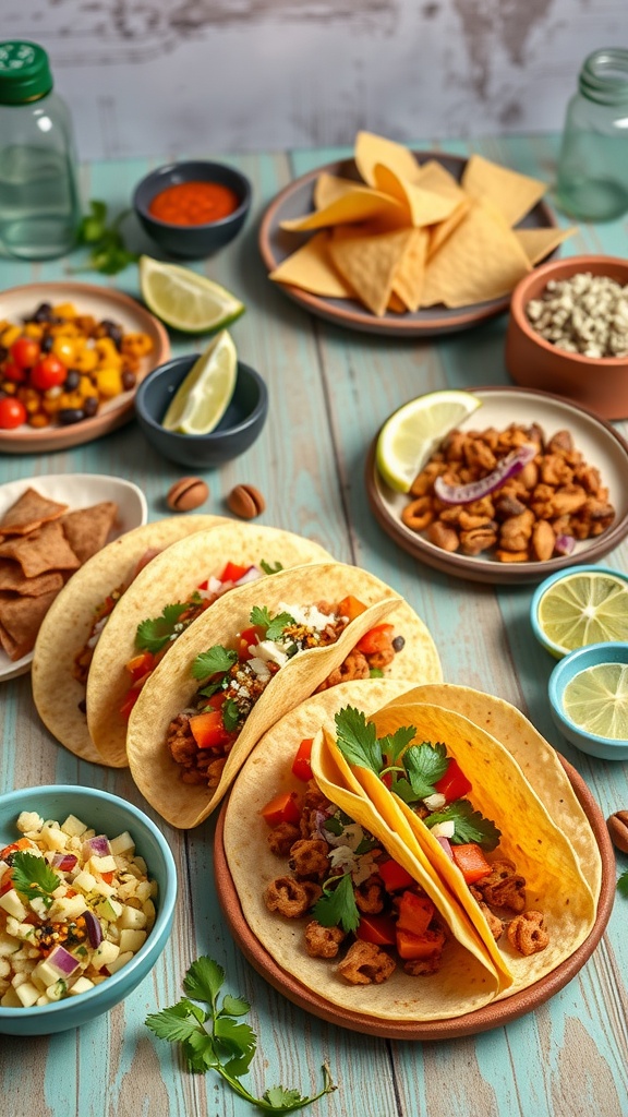 A spread of delicious tacos with various toppings and sides, perfect for a budget-friendly meal.