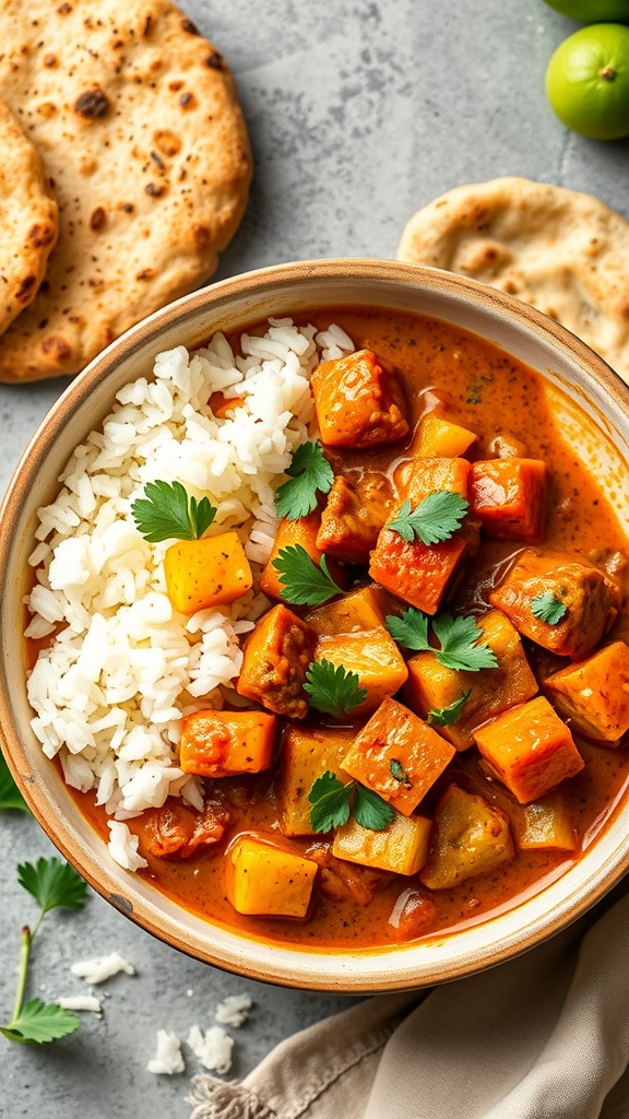A bowl of vegetable curry with rice and naan, garnished with cilantro.