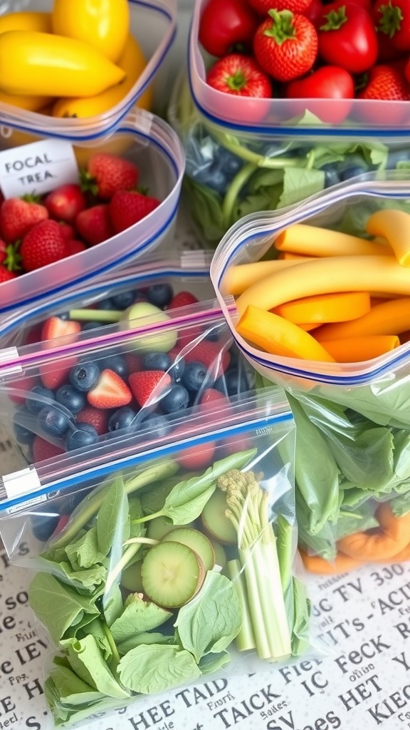 Colorful smoothie packs with fruits and vegetables in ziplock bags