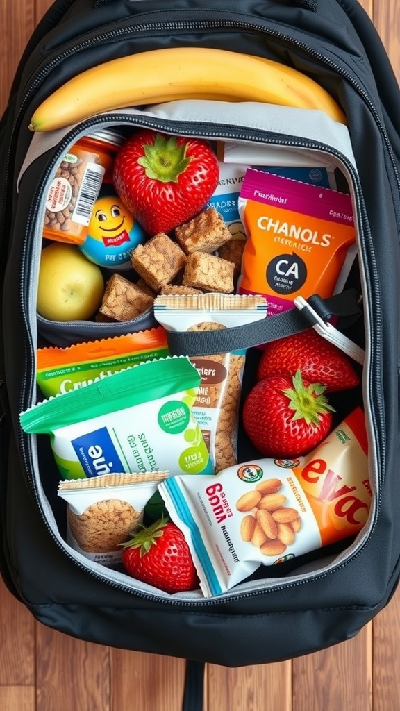 A backpack filled with various snacks including fruits, cookies, and granola bars.