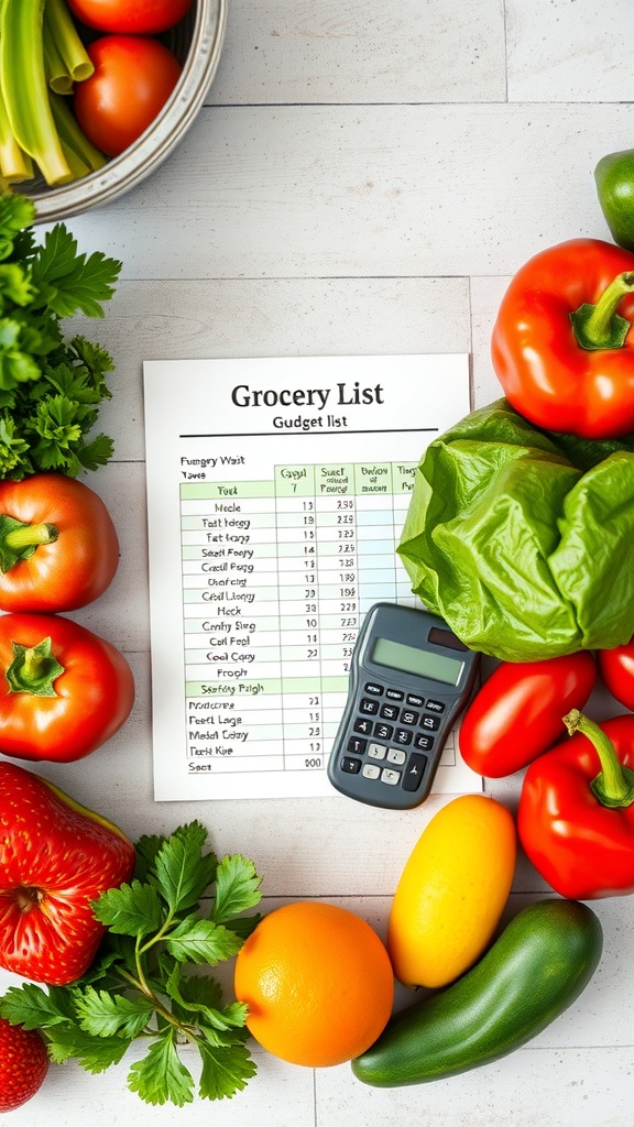 A grocery list with fresh vegetables and a calculator, emphasizing budgeting for groceries.