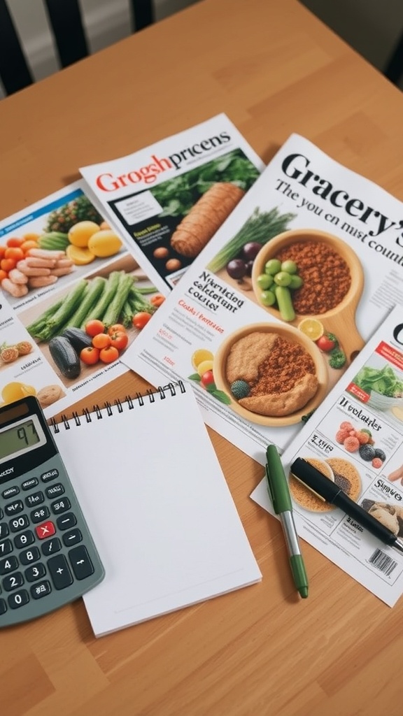 A table with grocery magazines, a calculator, and a notepad for budgeting.