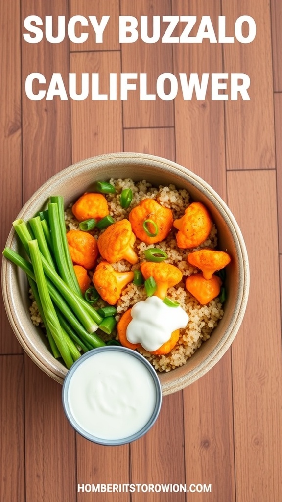 A bowl filled with buffalo cauliflower, quinoa, celery sticks, and ranch dressing.