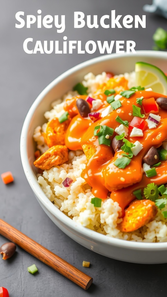 A colorful bowl of buffalo chicken cauliflower rice topped with fresh vegetables and dressing.
