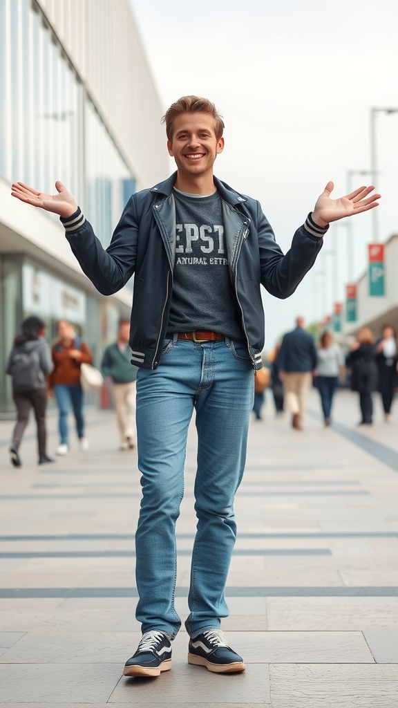 A smiling person with open arms, standing confidently in a casual outfit.