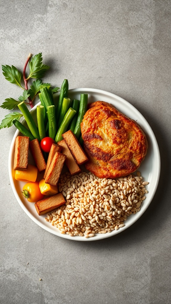 A balanced meal prep plate with a veggie patty, grains, and colorful vegetables.